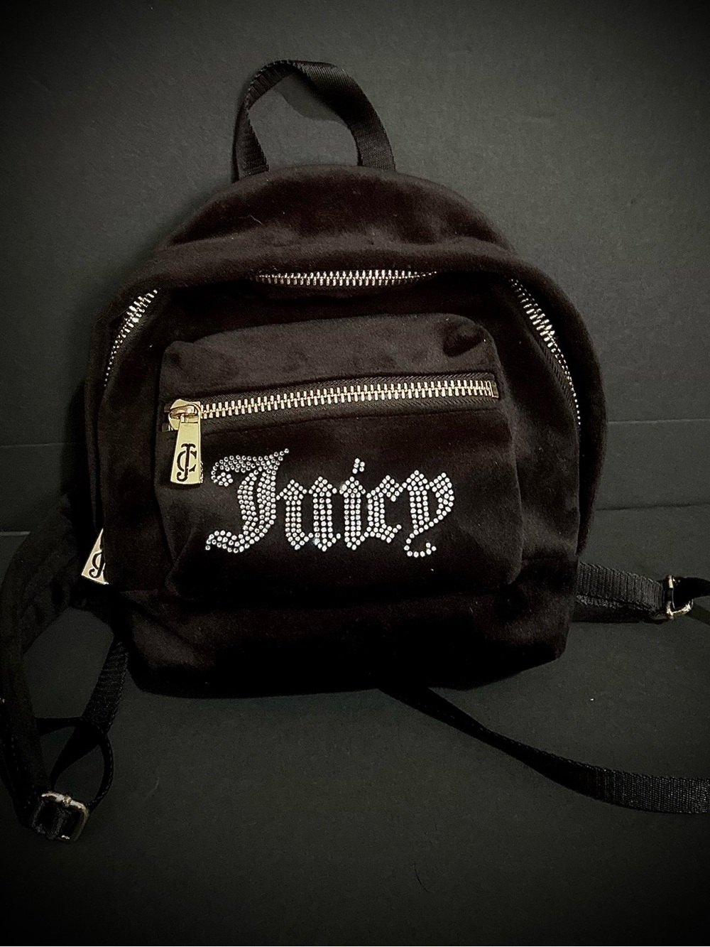 Juicy Couture Black Velvet Rhinestone Logo Mini Backpack
